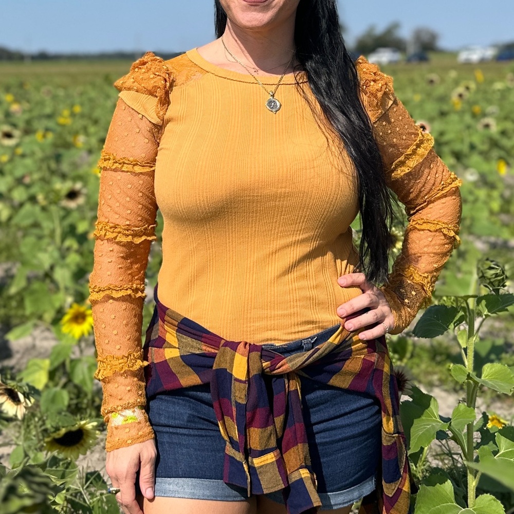 Free People Mustard Lace Sleeve Ribbed Shirt